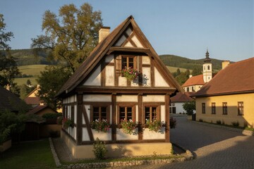 Naklejka premium A traditional half-timbered house in a picturesque village setting, surrounded by rolling hills and a church tower under warm golden sunlight.