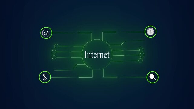 Internet connectivity diagram with icons for email and currency. Technical internet connectivity diagram with icons for network servers. Tech internet connectivity diagram.