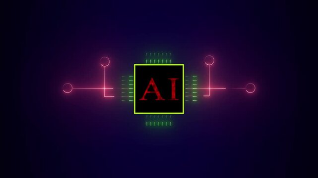 Artificial intelligence chip with red AI text on dark grid. Technical artificial intelligence chip with red AI text for microprocessors. High tech AI chip with red text.
