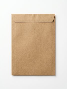 Blank Brown Kraft Paper Envelope Isolated on White Background, Minimalist Top View for Communication, Mailing, Document Storage, and Eco-Friendly Packaging Concepts with Copy Space