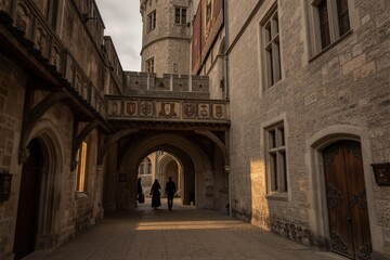 Fototapeta premium Three people walk through a medieval stone courtyard in Ghent's Gravensteen Castle, surrounded by Gothic arches and ornate metalwork.