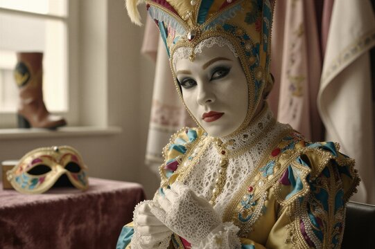 A seated female jester in a lavish Baroque-inspired costume poses with a Venetian mask and ornate accessories in an East Flanders-style room.