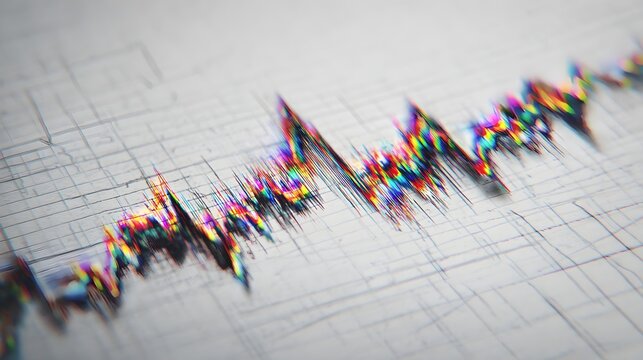 Colorful seismograph readout displaying high seismic activity on grid paper, concept of earthquake monitoring and data analysis