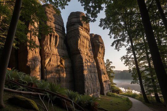 Unique rock formations in Luxembourg's M&uuml;llerthal region evoke a sense of serene wonder amidst lush greenery.