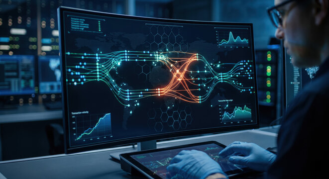AI fraud detection system analyzing global transaction flows on digital dashboard, highlighting suspicious activity and cyber risk patterns.