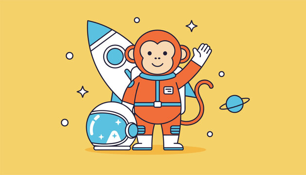 Cute cartoon monkey astronaut in an orange space suit waving happily next to a white rocket ship and blue space helmet.