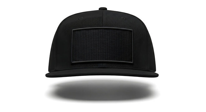 A sleek black baseball cap with a blank rectangular patch on the front.