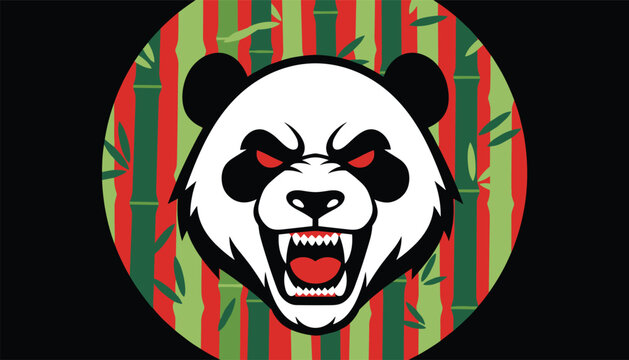 Aggressive panda mascot logo with red eyes and sharp bared teeth in front of a colorful red and green bamboo background.