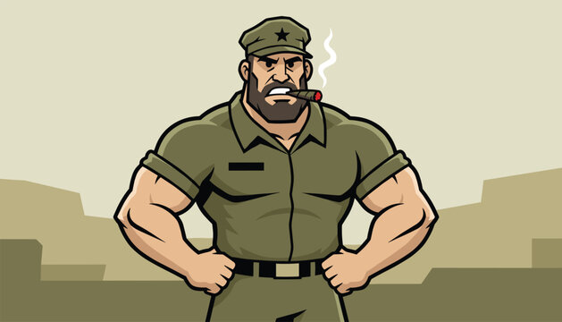 Strong military general or army commander wearing a green uniform and smoking a cigar in a vast desert landscape.