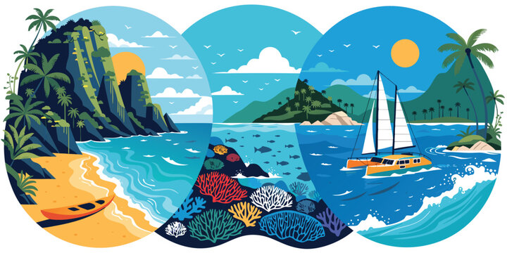 Three tropical summer island landscapes showing beaches and coral reefs in flat vector illustration style