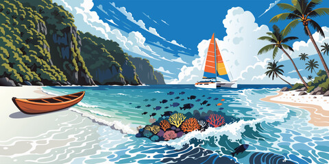 Tropical island beach landscape featuring sailboat and canoe by coral reef landscape sailboat tropical vacation © Ferewa