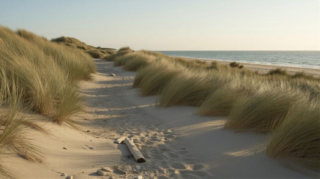 A narrow sandy path winds its way through a dense stand of marram grass on Terschelling Island in Friesland's Frisian Islands.