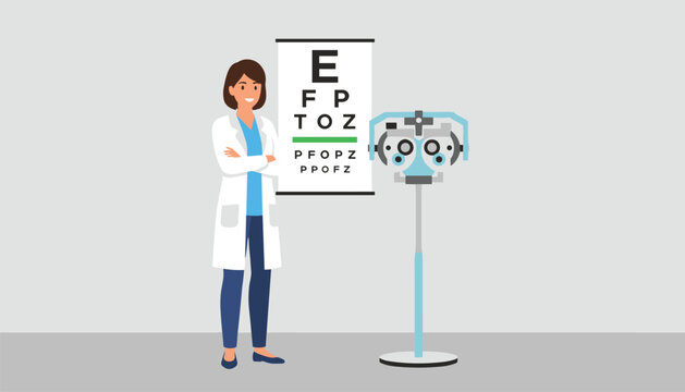 Professional female optometrist standing next to a snellen eye chart and a diagnostic phoropter in a modern clinic.
