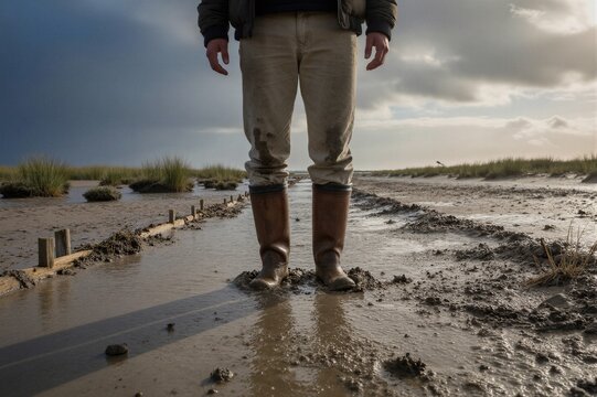 A lone worker stands motionless in the midst of a stormy day, mud squelching beneath brown rubber boots as tall grasses sway ominously around them.