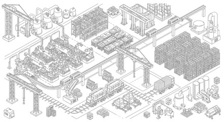 Fototapeta premium Isometric industrial factory complex with heavy machinery and logistics equipment.