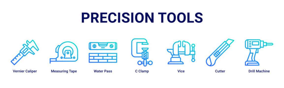 Precision Tools web banner icon vector illustration with Vernier Caliper, Measuring Tape, Water Pass, C Clamp, Vice, Cutter and Drill Machine