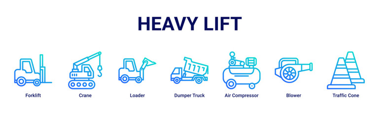 Heavy Lift web banner icon vector illustration with Forklift, Crane, Loader, Dumper Truck, Air Compressor, Blower and Traffic Cone © Arjuna