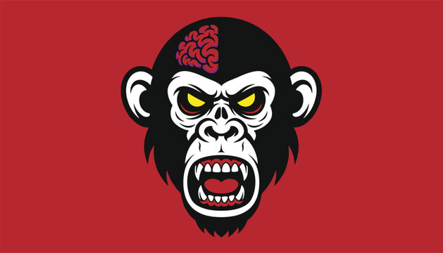 Angry cartoon monkey zombie head illustration featuring an exposed brain and fierce yellow eyes on a solid red background.