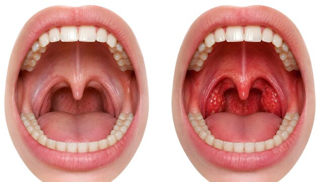 Healthy Tonsils vs Enlarged Tonsils Comparison, Open Mouth Anatomy Medical Illustration