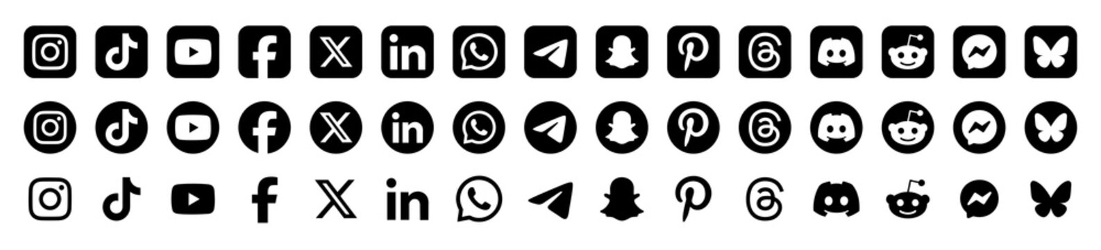 social media icon collection 2026. Instagram, Facebook, YouTube, X , Snapchat, WhatsApp, LinkedIn, Telegram, TikTok, Reddit, Threads, BlueSky, Discord.