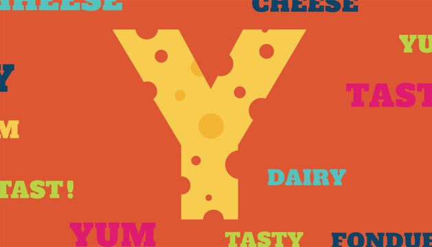 Large capital letter Y decorated like a slice of yellow Swiss cheese with holes on a warm orange background with text.