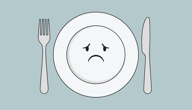 Concept illustration of hunger or eating disorder featuring a sad face drawn on an empty plate with fork and knife.