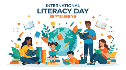 Naklejka premium Diverse group of people of all ages reading books around a stylized globe, celebrating International Literacy Day with educational elements and vibrant colors