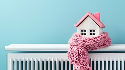 Fototapeta premium A toy house in a pink knitted scarf sits on a white radiator against a blue background. Concept of home insulation, energy saving, and winter heating season comfort.