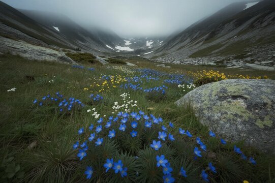 Alpine Gentians Thrive in a Misty High-Altitude Meadow Amidst Rocky Mountains and Residual Snow.