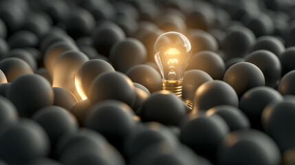 Obraz premium A Single Light Bulb Ignites Among Many: One luminous light bulb stands out, glowing brightly amidst a sea of dark, unlit spheres, symbolizing innovation and a unique idea.
