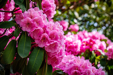 Fototapeta premium Bright pink flowers bloom in a garden full of colorful plants during spring in a public park