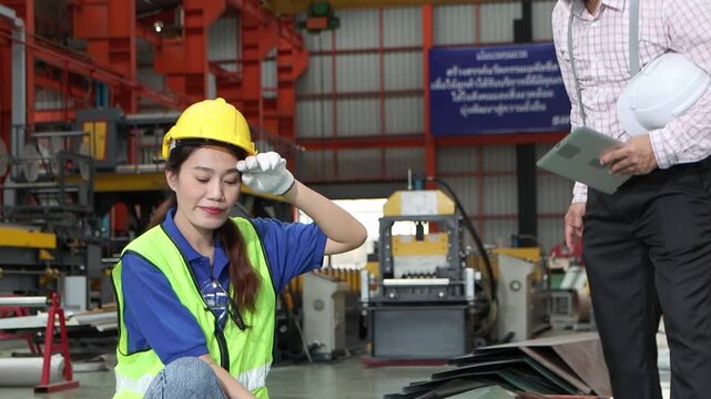 Asian woman worker with helmet and safety vest inspects metal sheets while her boss gives orders in industrial site. Tired female staff wiping sweat off her face while working at manufacturing factory