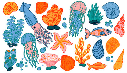 set of underwater. cute children crayon illustration. © Rive