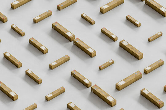 3D long parcel network arranged across a clean studio floor