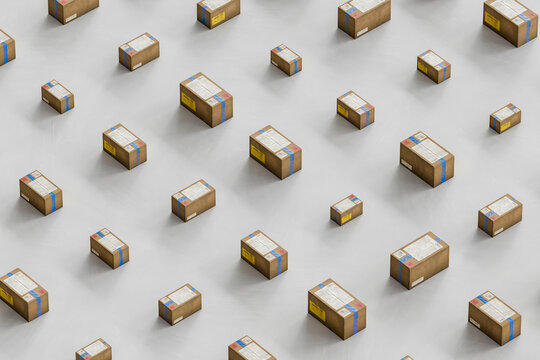 3D labeled package pattern across a clean distribution floor.
