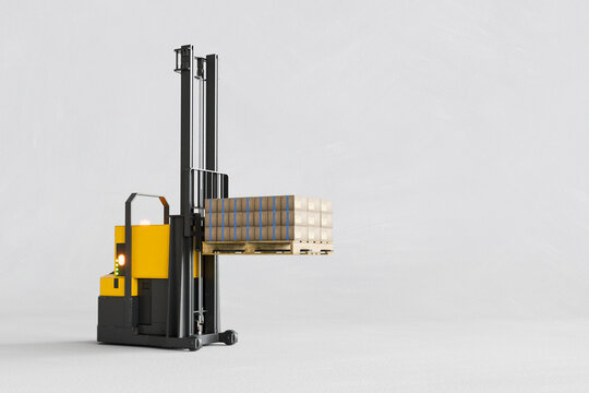 3D forklift pallet transport with stacked warehouse cargo.