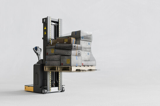 3D forklift cargo handling with mixed parcels on a pallet.