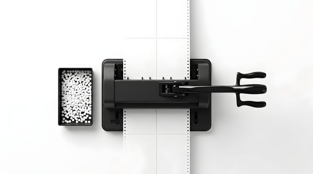 Vintage black punch card machine, retro data processing equipment on white background, antique mechanical computer programming tool for early computing