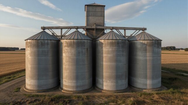 In the warm glow of autumn's golden hour, four silos stand sentinel amidst a sea of harvested fields, their weathered steel exteriors reflecting the vibrant hues of the rustling