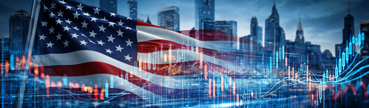 American Financial Hub: The American flag flutters prominently against a backdrop of modern city skyscrapers, overlaid with a dynamic stock market graph, symbolizing economic power and global finance.