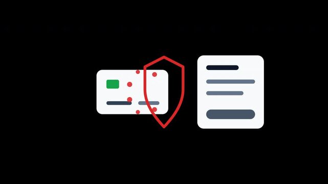 Red security shield protects white bank credit card with grey digital payment data form. Ideal for financial security concepts and ecommerce.