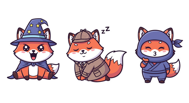 Three Cute Foxes in Different Costumes and Poses.