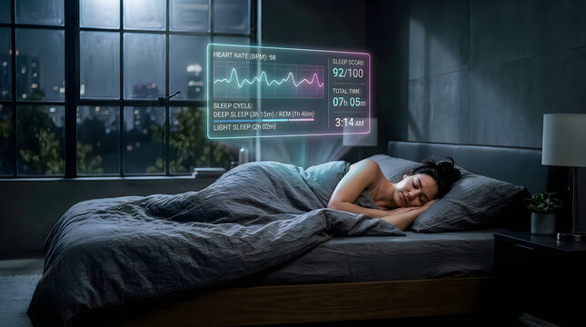 Woman sleeping in bed with a futuristic digital health monitor display showing vital signs at night