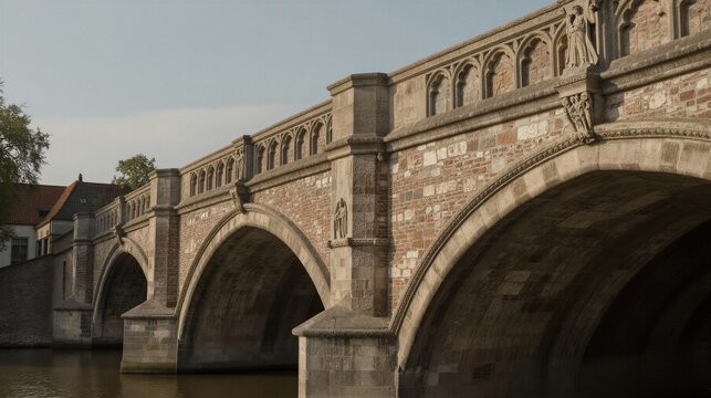 A historic Gothic stone arch bridge spans a river in Maastricht's St Servatius Bridge, showcasing its medieval architectural features.