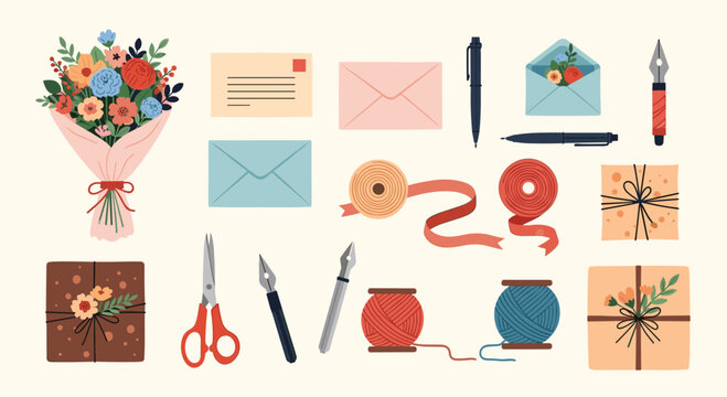 Assorted flat icons represent gift wrapping and correspondence including a bouquet of flowers, envelopes, ribbons, pens, and packaged presents.
