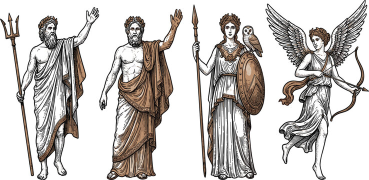 Ancient Greek Mythology Character Collection Featuring Zeus, Poseidon, Athena, and Eros with Classical Gods and Legendary Divine Figures