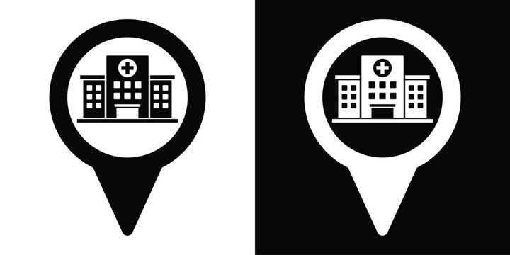 Hospital location pin map pointer icon vector. Black and white medical navigation marker graphic.