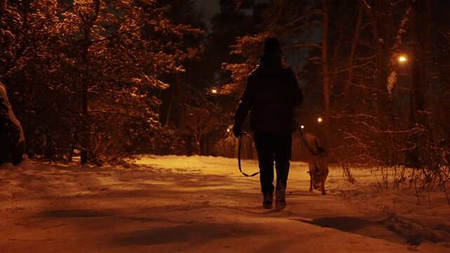 Woman walking her dog on a snowy street of a suburban area at night