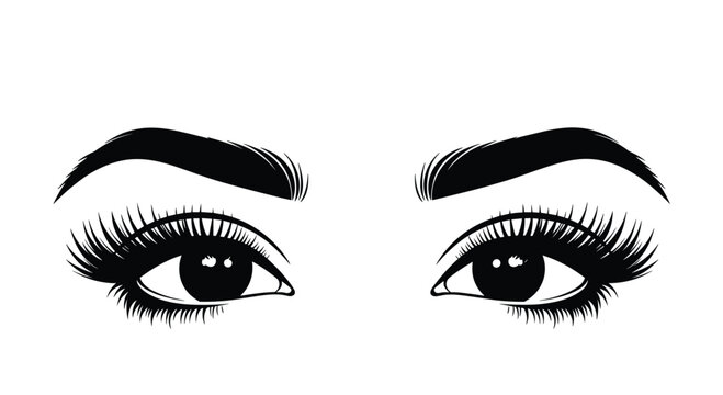 Detailed black and white line art depicts a pair of expressive female eyes with long voluminous lashes and perfectly shaped eyebrows.