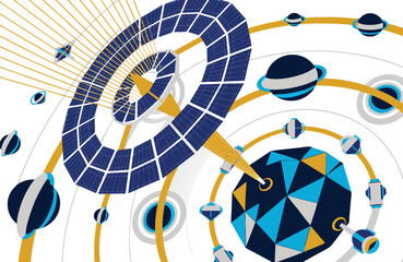 Abstract space exploration graphic with futuristic planetary satellites and orbital rings satellite technology © Zonida
